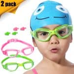 Kids Swim Goggles 2 Pack (OR Silicone Swim Caps 2 Pack) Crystal Clear Swimming Goggles for Children and Teenagers